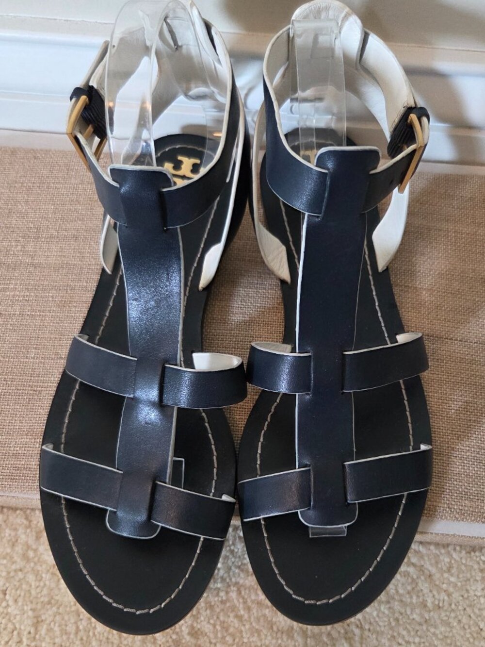 Tory Burch Navy White Leather Gladiator Sandals - Picture 4 of 6